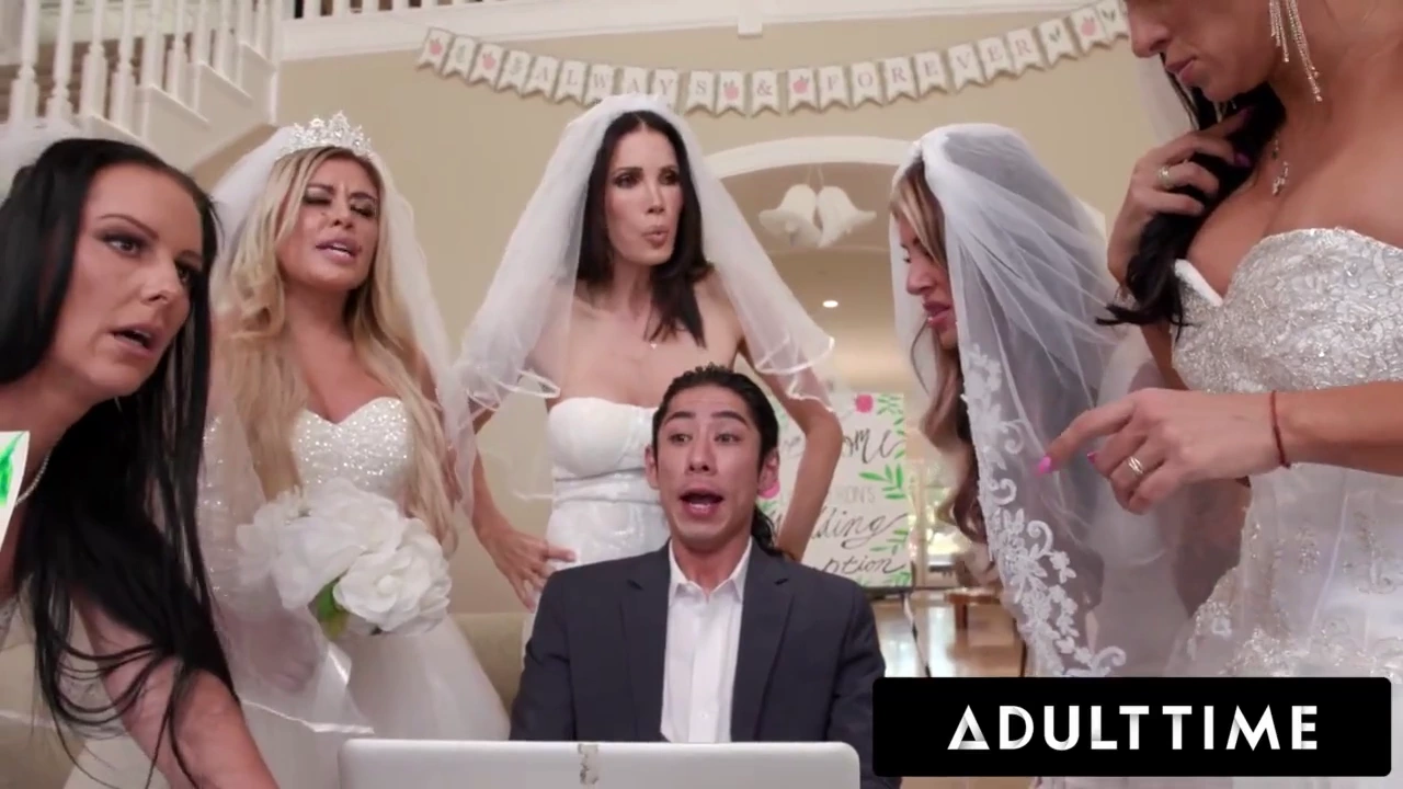 Busty MILF brides take on a big cock wedding planner in a wild reverse gangbang porn video